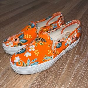 Keds Rifle Paper Co Women’s 8 Orange Floral Slip On Sneakers Triple Kick Shoe